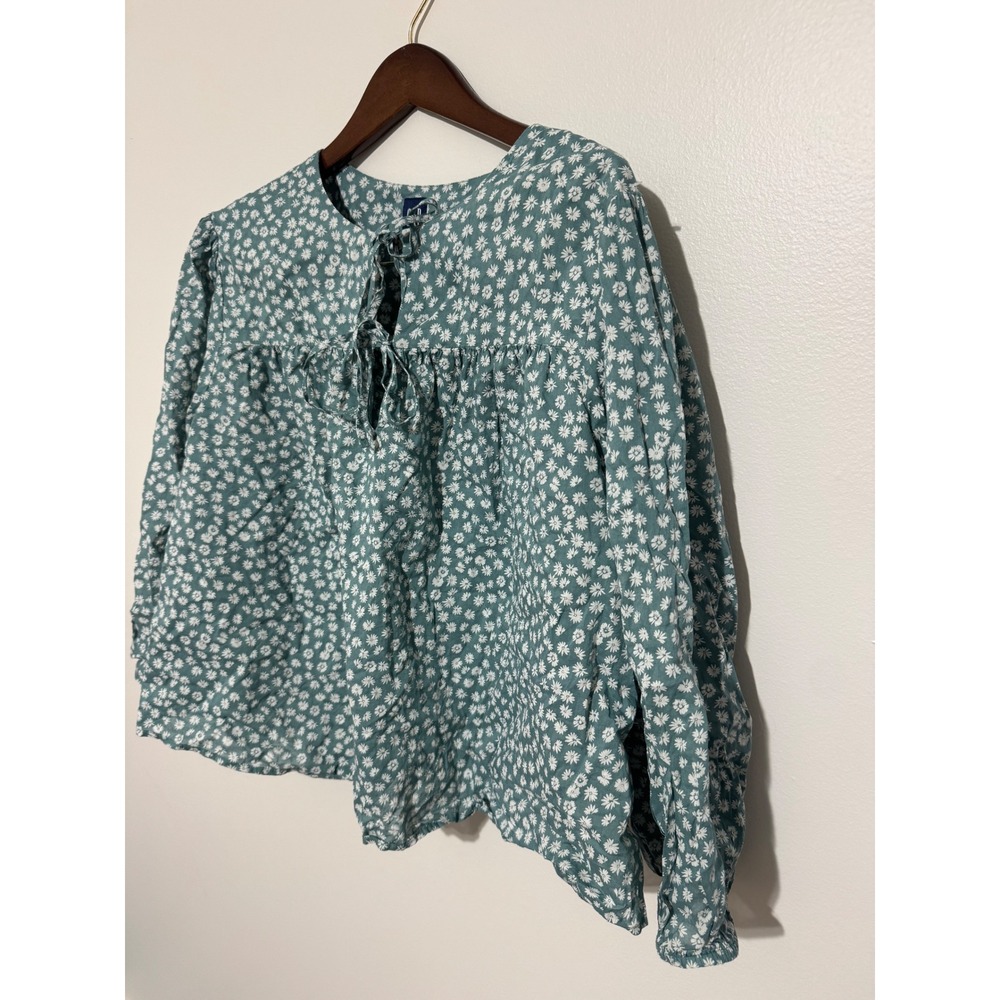 GAP Womens XXL Teal Green Daisy Floral Cotton Tie Neck Boho Peasant Blouse Top - Picture 4 of 9